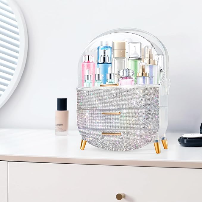Ptesly Teen Girls Gift Makeup Organizer, Skincare & Jewelry Storage, Cosmetics Display Case, Makeup Holder, Bathroom Organizer (Bling Rhinestone)