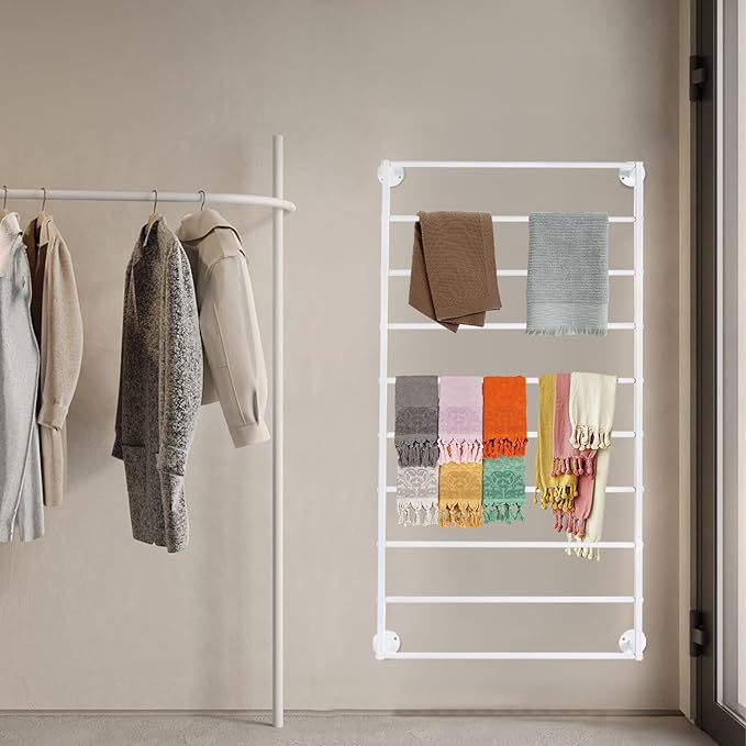 10-Tier Wall Mounted Scarf Rack, Tie & Scarf Holder, Towel Storage Rack, White, Iron, Baking Paint, Coating