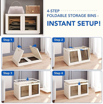 FLEXIMOUNTS 228 QT Stackable Storage Bins With Lids, Collapsible Plastic Storage Bins With Doors and Built-in Wheels For Home Dorm Closet Organizers and Storage, 3 Pack Cubes, Milky White