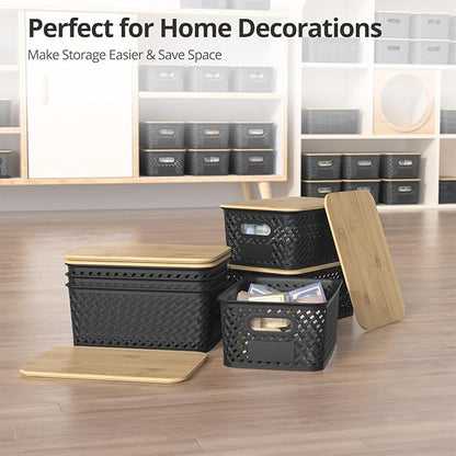 Plastic Storage Bins with Bamboo Lids, Stackable Small Box Baskets for Organizing and Containers for Shelves Drawers Desktop Closet Pantry Classroom Office Home, 6 Pack 10.2x7.2x4.1 Inch, Black