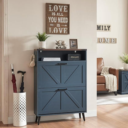 Barnyatoh Shoe Storage Cabinet,Farmhouse Shoe Organizer with 2 Flip Drawers & Barn Door Design,Freestanding Hidden Slim Narrow Shoe Rack Cabinet with Open Storage for Entryway, Foyer,Hallway,Navy Blue