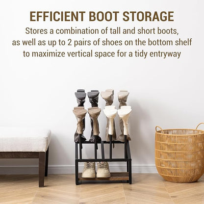 MyGift Industrial Metal & Burnt Wood 4-Pair Boot Rack with Shoe Shelf - Freestanding Rustic Entryway Organizer, Non-Slip Floor Protector for Mudroom/Garage/Closet
