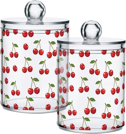 ALAZA 2pcs Red Cherry with Green Leaves Qtip Holder Dispenser 14 oz Bathroom Storage Clear Apothecary Jars Containers Cotton Ball,Cotton Rounds,Floss Picks, Hair Clips, Food