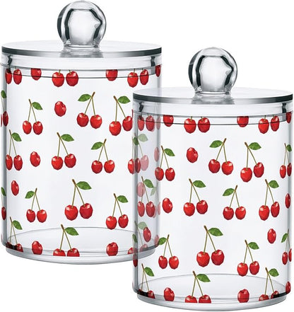 ALAZA 4pcs Red Cherry with Green Leaves Qtip Holder Dispenser 14 oz Bathroom Storage Clear Apothecary Jars Containers Cotton Ball,Cotton Rounds,Floss Picks, Hair Clips, Food
