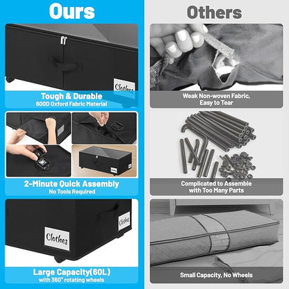 Under Bed Storage with Wheels, 2-Pack 10" Height XXL 75L Rolling Storage Bins, Quick Assembly Underbed Shoe Storage Containers with Clear Lid & Label, Dorm Under Bed Drawers for Clothes, Shoes, Black