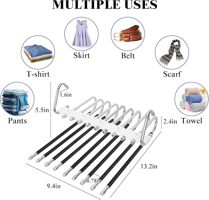 SANLIKE 2 Pack 9 Layers Pants Hangers Space-Saving Stainless Steel Closet Hangers 20pcs Fixed Clips Non-Slip Multi-Functional Pants Rack Two Hanging Modes for Trousers Jeans Leggings Scarf Skirts