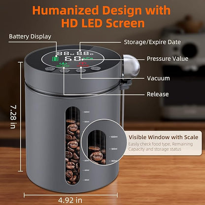 Automatic Vacuum Coffee Canister, 1.3L Airtight Food Storage Containers with Smart Pressure Sensor, Electric Coffee Bean Container Rechargeable with LED Display Window for Home Kitchen Food Storage