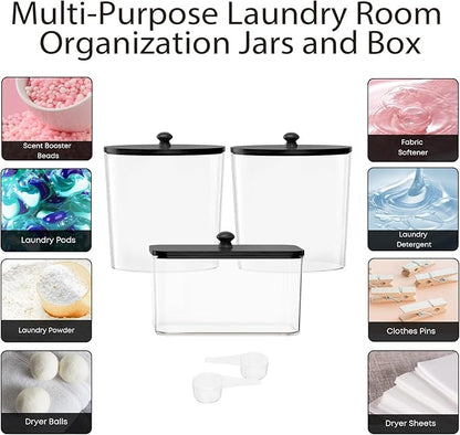 COAZEX 3 Pack Laundry Powder Container & Dryer Sheet Holder, Plastic Laundry Room Organization and Storage Jars with Lids, Labels & Scoops for Powder, Detergent, Scent Booster (Black Lid)