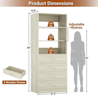 Aheaplus Wood Closet Organizer System with 4 Drawers, Modular Walk-in Closet Storage Unit, Small Closets Wardrobe Rack, Tall Storage Cabinet Unit, White Oak