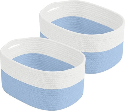 ECDYQXVU Cotton Rope Storage Basket, 15x10x9 Inches, Woven Basket for Shelves, Clothes, Towels, Books, and Laundry, White Blue (2 Pack)