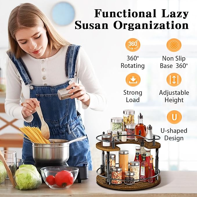 2 Tier Lazy Susan Organizer Turntable for Cabinet U-Shape Spinning Makeup Organizer 11.8" Rotating Spice Rack Height Adjustable, Pantry, Kitchen Countertop, Party, Bedroom