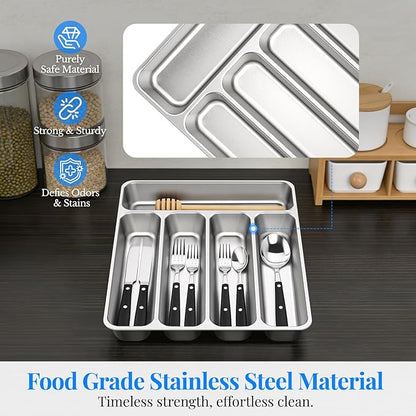 IKOCO 2-Pack Silverware Organizers Stainless Steel Kitchen Drawer Organizer with 5 Compartments, Dishwasher Safe for Spoons Forks Knives (13.8”x11.4”x1.6, Silver)