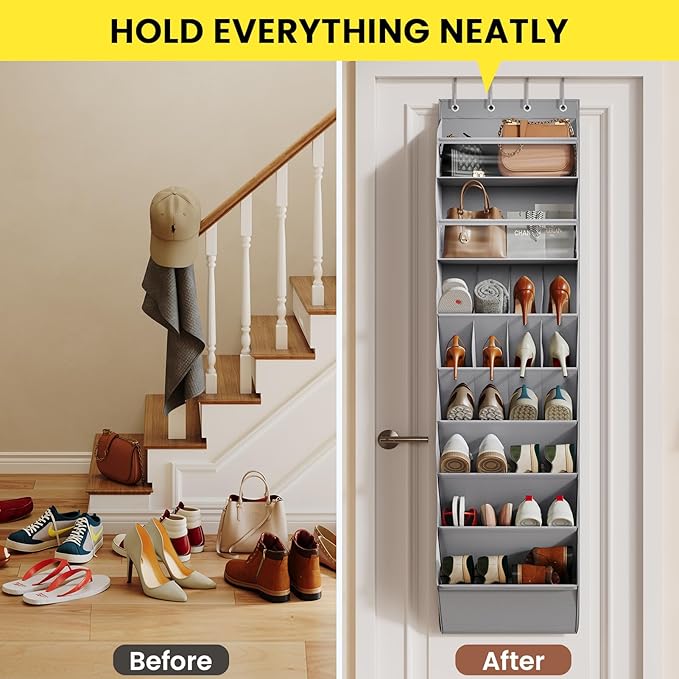 Mefirt 16-20 Pairs Over the Door Shoe Organizer, Clear Pockets Shoe Rack for Closet Door, Hanging Shoe Rack for Boots, Behind the Door Shoe Holder Fit All the Family's Sneakers, Boots, Heels, Grey