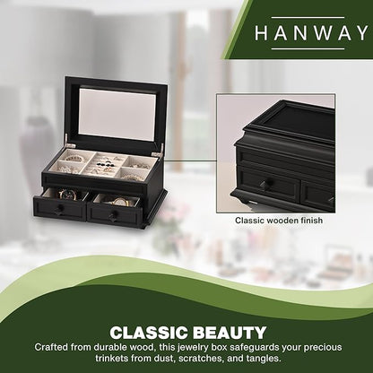 Hanway 2 Layers Wooden Jewelry Box Organizer for Women, with 7 compartments, featuring interior mirror & tray for watch, necklaces, earrings, bracelets, and rings (Black)