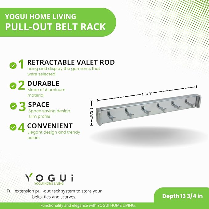 Design-R Pull-Out Belt Rack for Belts, Ties and Scarves, Accessories Storage Hanger with Mounting Hardware (Chrome)