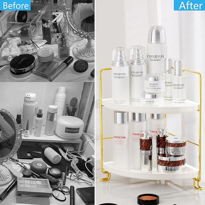 FSyueyun 2-Tier Corner Bathroom Counter Organizer, Tool-Less Installation Vanity Shelf Small Plastics Countertop Makeup Tray Skincare Perfume Organizers (Gold)