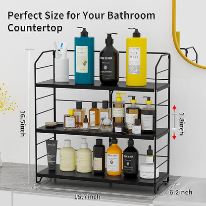 BOIVSHI Bathroom Countertop Organizer, 3-Tier Bathroom Counter Organizer, 8-Levels Height Adjustable, Bathroom Organizer for Kitchen, Pantry, Livingroom, Offices Storage, Metal Black