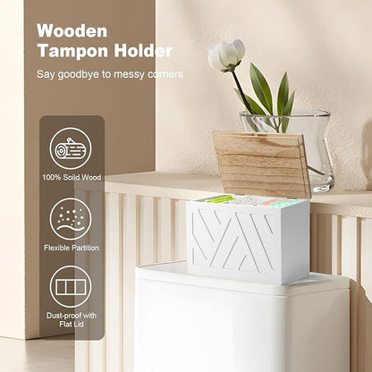 Tampon Holder for Bathroom, Feminine Product Organizer, Pad Organize Case with Lid, Shark Week Wooden Tampon Storage Decor, Lady Girl Stuff Box for Toilet Bathroom Accessories- White
