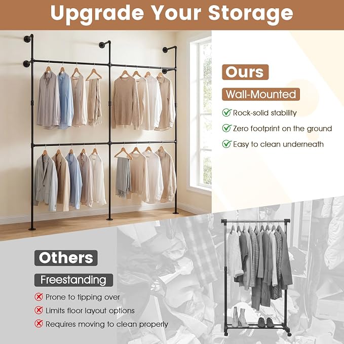 Giantex Industrial Pipe Clothing Rack, 79" Wall Mounted Heavy-Duty Metal Garment Organizer with 4 Hanging Rods, 2-Tier Walk-in Closet System for Wardrobe Closet, Retail Display