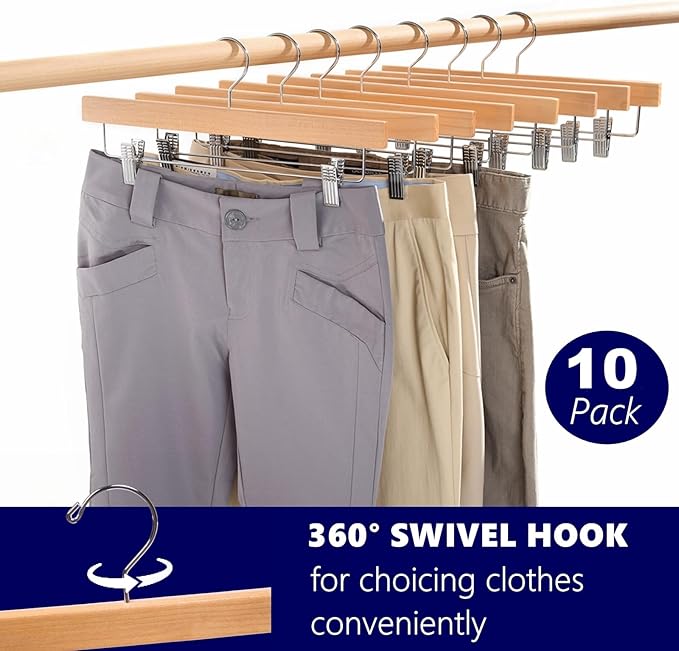 Amber Home 10 Pack Wooden Pants Hangers with Clips, 14" Natural Wood Skirt & Trouser Hangers, Closet Hangers for Jeans, Slacks, Shorts, with 2-Adjustable Clips (Natural, 10)