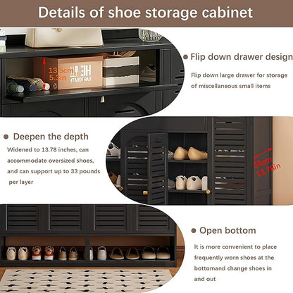 Shoe Storage Cabinet with Shutter Doors, 7 Tier Bamboo Shoe Cabinet Sneakers Shoe Rack Shelf for 36-40 Pairs, Shoe Organizer with Thickened Adjustable Shelves for Entryway, Hallway