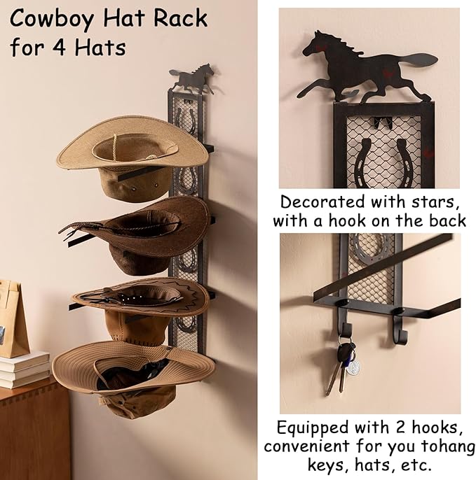 Cowboy Hat Holder for Wall, Metal Horseshoe Cowboy Hat Rack for 4 Hats, Rustic Vertical Western Hat Rack Wall Mount - Vintage Decorative Cowboy Hat Hanging Hanger with Hook