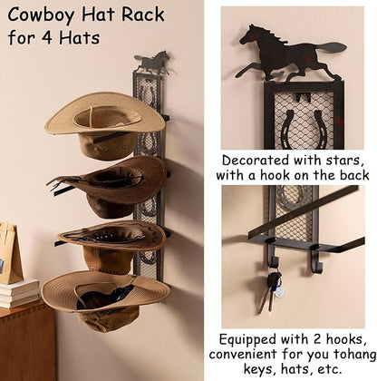 Cowboy Hat Holder for Wall, Metal Horseshoe Cowboy Hat Rack for 4 Hats, Rustic Vertical Western Hat Rack Wall Mount - Vintage Decorative Cowboy Hat Hanging Hanger with Hook