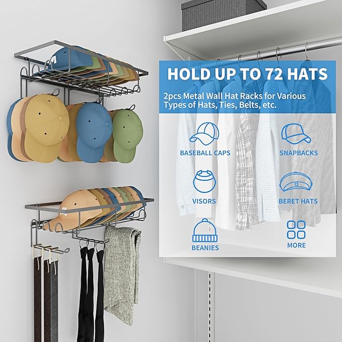 2 Packs Wall Hat Organizers with Multiple Hooks, Metal Hat Racks for Baseball Caps, Hat Storage Holders Up to 72 Caps for Closet, Entryway,Black
