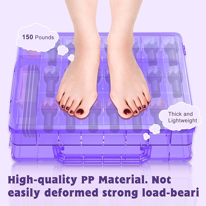 SUBAY Portable Nail Polish Organizer, Clear Double Side Nail Polish Holder,Gel Nail Storage for 48 Bottles with 6 Adjustable Dividers in Each Side Space Saver, Purple