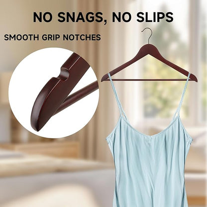 Quality Wooden Clothes Hangers, Solid Wood Suit & Coat Hangers with Pants Bars, Swivel Hook, Shoulder Notches, Heavy Duty Hangers for Shirts, Jackets, Dresses & Trousers(Mahogany/12-Pack)
