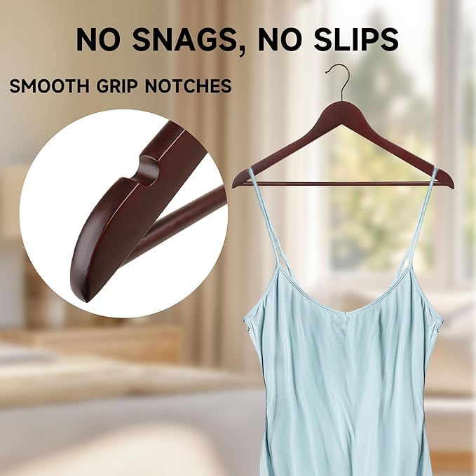 Quality Wooden Clothes Hangers, Solid Wood Suit & Coat Hangers with Pants Bars, Swivel Hook, Shoulder Notches, Heavy Duty Hangers for Shirts, Jackets, Dresses & Trousers(Mahogany/108-Pack)