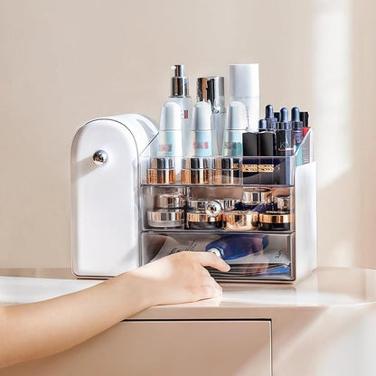 Makeup Organizer with Brush Holder for Vanity, Large Cosmetic Display Cases with 2 Drawers, Skincare Organizer for Bathroom Countertop, White
