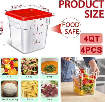 4 Pack 4QT Food Storage Containers with Red Lids, Clear Square Restaurant Commercial Food Storage Containers with Handle and Scale, Marinating Container Dough Rising Bucket for Home & Dining