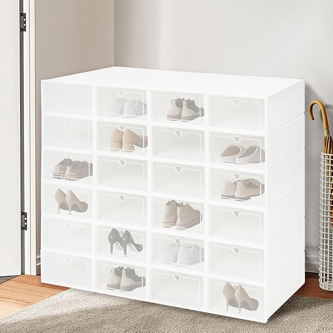 24Pcs Shoe Storage Box, Shoe Box Side Open, Clear Shoe Boxes Stackable, Plastic Stackable Shoe Storage Organizer, for Shoes, Including Sneakers, High Heels, Canvas Shoes, Boots, Etc (White)