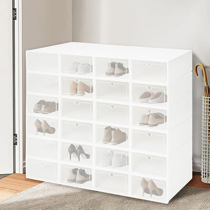 24Pcs Shoe Storage Box, Shoe Box Side Open, Clear Shoe Boxes Stackable, Plastic Stackable Shoe Storage Organizer, for Shoes, Including Sneakers, High Heels, Canvas Shoes, Boots, Etc (White)