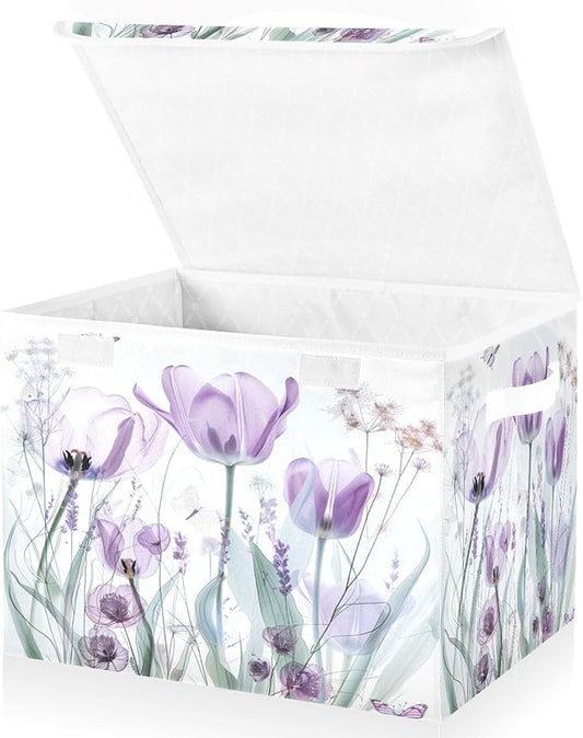 senya Baskets Collapsible Storage Bins with Lids, Purple Tulips Flowers Pastel Storage Boxes Clothes Baskets for Organizing, B06D22020