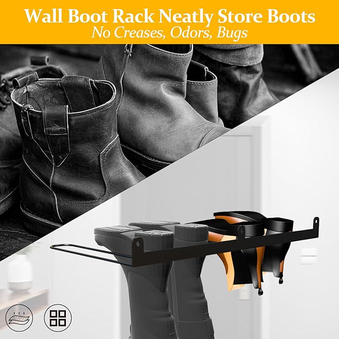 Wall-Mounted Boot Rack Organizer for Tall Boots - 4 Pair Metal Boot Organizer Including Wader Hangers, Perfect Entryway Shoe Rack for Cowboy Boots & More, Wader Rack for Entryway (2-Pack)