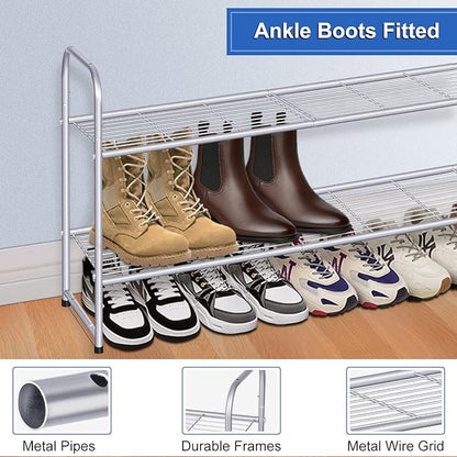KEETDY 2-Tier Long Shoe Rack for Closet Shoe Organizer for Entryway, Metal Stackable Shoe Storage Shelf for 18 Pairs Sneakers with Strong Wire Grid, Gray
