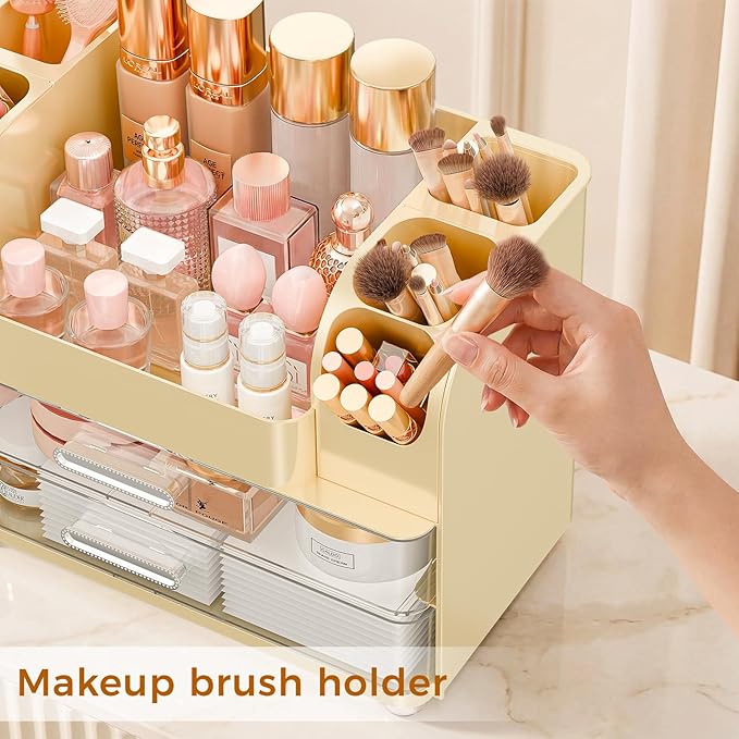 Makeup Organizer for Vanity with Brush Holder, Large Bathroom Countertop Organizer & Skincare Storage | Perfume, Cosmetics Display Case with Drawers (Cream White)