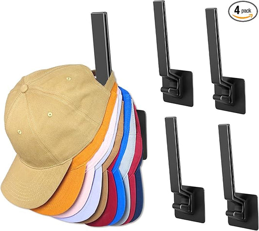 Hat Rack for Baseball Cap, (4 Pack) Adhesive Ball Caps Holder on Wall, No Drilling Hat Organizer Wall Storage Wall Mount, Hat Hanger Display, Black