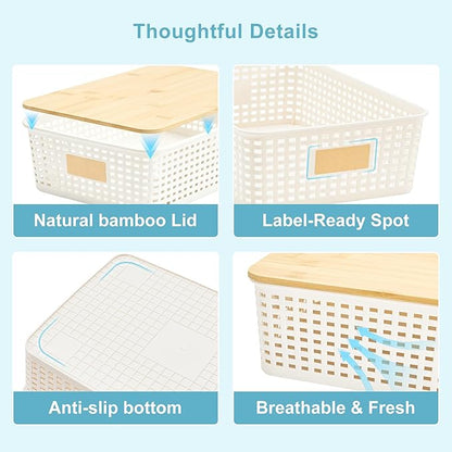 Bagnizer 4 Pack Plastic Storage Bins with Bamboo Lids, 6.2qt Stackable Storage Organizer Box with Lable for Pantry Shelves Drawers Desktop Office, 12"L x 8.3"W x 3.5"H, Cream White
