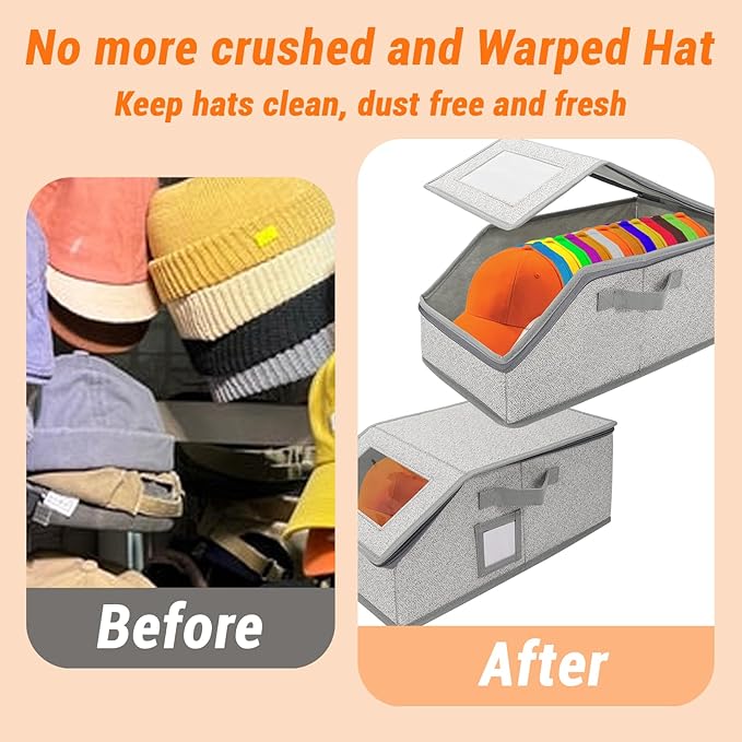 Qivine 2Pcs Stackable Hat Boxes, Space-Saving Baseball Hat Storage, Hats Storage for Baseball Caps with Clear Window, Hold Up to 24 Caps for Closet