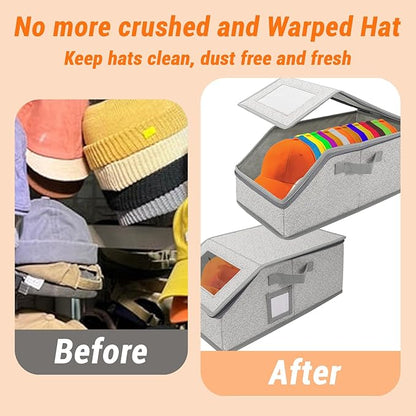 Qivine 2Pcs Stackable Hat Boxes, Space-Saving Baseball Hat Storage, Hats Storage for Baseball Caps with Clear Window, Hold Up to 24 Caps for Closet