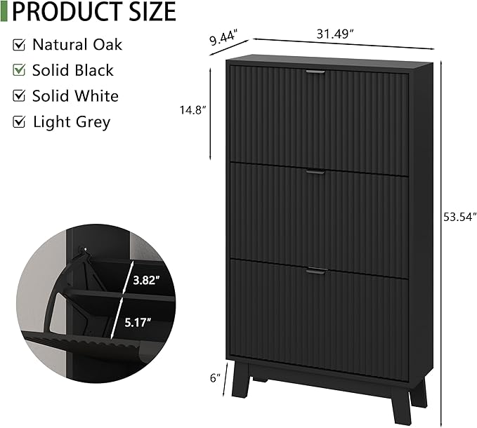 Xixini Shoe Cabinet with 3 Flip Drawers, 54" Tall Narrow Fluted Shoe Storage Organizer for Entryway, Hidden Slim Wooden Shoe Rack Cabinet for Front Door Entrance, Hallway, Living Room, Solid Black