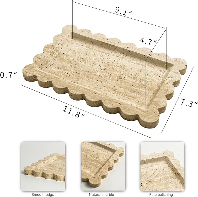Natural 100% Marble Vanity Tray Luxury Scalloped Marble Storage Rectangle Italian Travertine Tray for Home Decor Stone Tray for Bathroom/Kitchen/Candle Key (Rectangle-11.8 * 7.4-Beige Travertine)