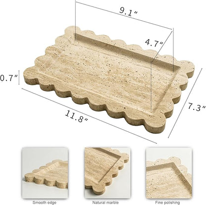Natural 100% Marble Vanity Tray Luxury Scalloped Marble Storage Rectangle Italian Travertine Tray for Home Decor Stone Tray for Bathroom/Kitchen/Candle Key (Rectangle-11.8 * 7.4-Beige Travertine)