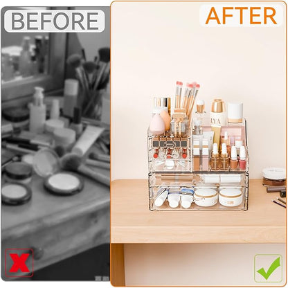 Yieach 2 Pack Clear Makeup Organizer Countertop for Dresser,Vanity and Bathroom Counter Organizer,Tiered Stackable Makeup Acrylic Organizers with 5 Drawer for Skincare,Brush and Make up Holders