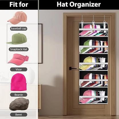 KYEVIS Over the Door Hat Organizer for Baseball Caps, Hold up to 60 Hats Rack Storage for Door/Closet/Wall, Clear Pockets Hanging Hat Holder for Baseball Caps with 10 Mesh Pockets, Black