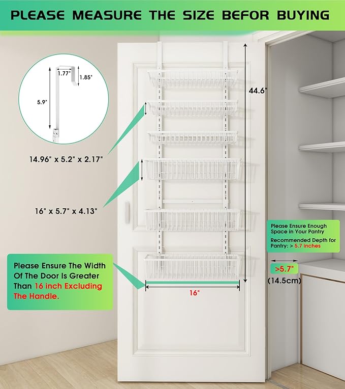 Mefirt Over The Door Pantry Organizer, Pantry Organization and Storage, 6-Tier Deep Baskets Hanging Heavy-Duty Metal, Wall Spice Rack Seasoning Shelves for Home & Kitchen, Laundry Room Bathroom, White