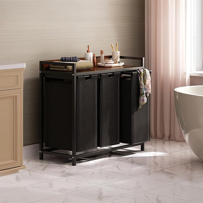 Herture Laundry Hamper with Shelf, Laundry Basket 3 Section, Laundry Sorter with Pull-Out Removable Large Bags and Movable Wheels, Metal Frame, 3 x 15.87 Gallons (60L), Rustic Brown + Black PF04XLY